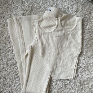 Cream Ribbed Knit Pant Set